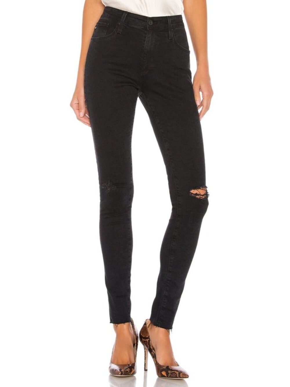 NWT AG Adriano Goldschmied Farrah in Altered Black Destructed Skinny Jeans 25